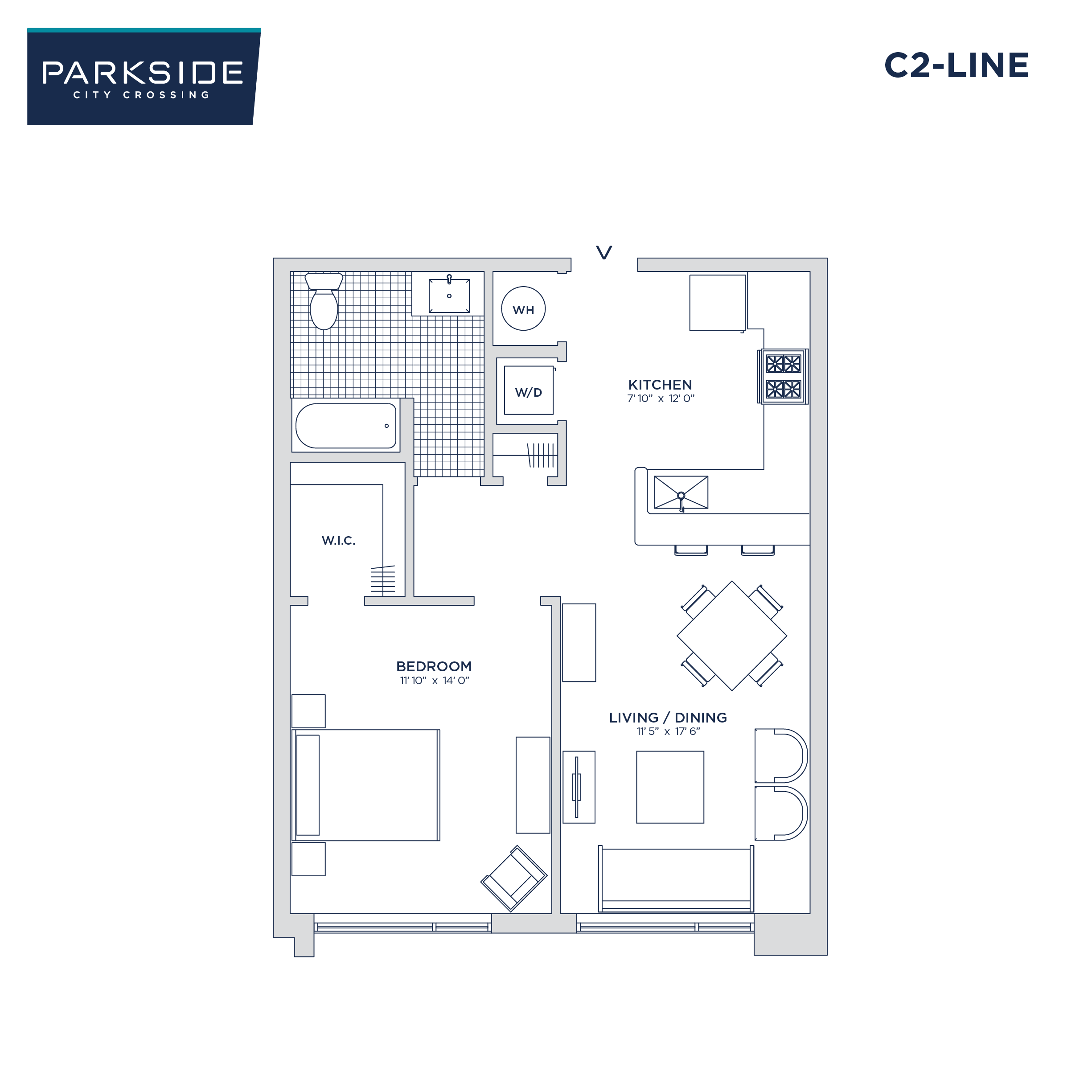 Floor plan for 1 bed, 1 bath, 717 sqft